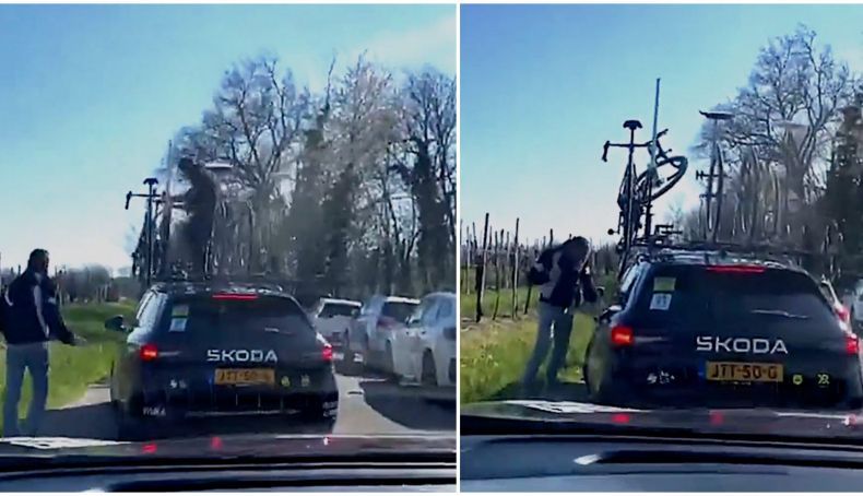 Dois espectadores embriagados assaltaram o carro da Visma Lease em Bike em plena prova